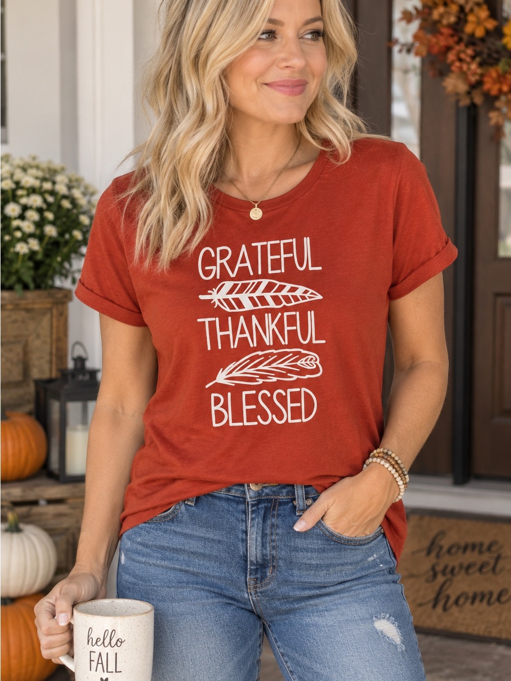 Boutique orange Thanksgiving tee t shirt Grateful Thankful Blessed M medium Fall